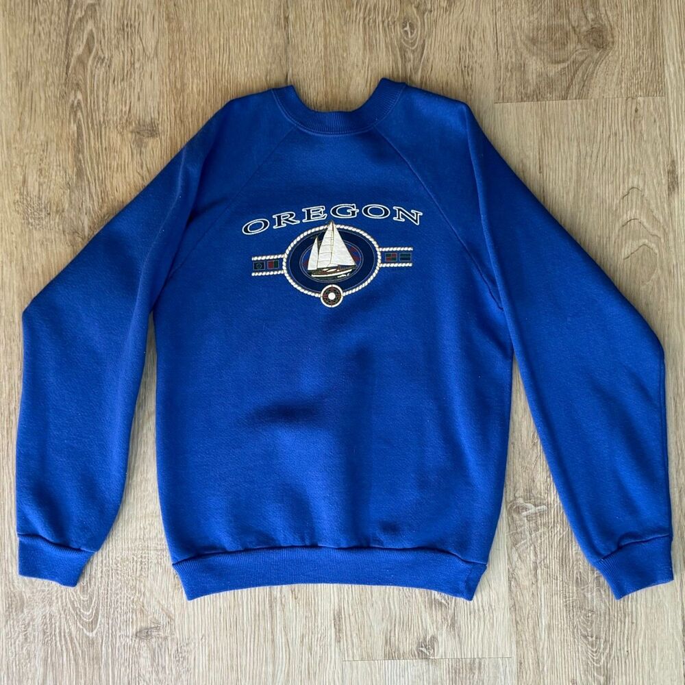 Hanes Oregon Sailboat Crewneck Sweatshirt Blue Size L Vintage 90s Style